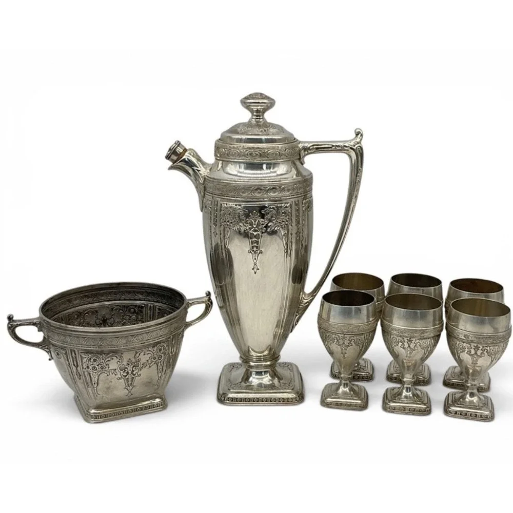 Cocktail Set Derby Silver‎ Co Art Deco Repousse Silverplate 8pc